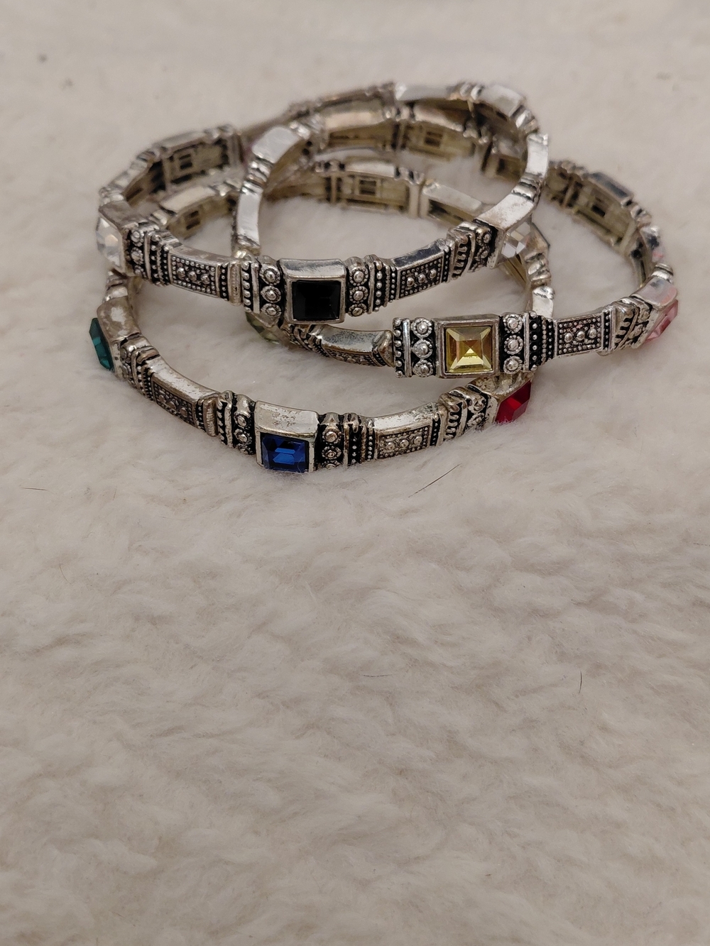 Vintage-Inspired Silver Multi-Color Crystal Stretch Bracelet Set